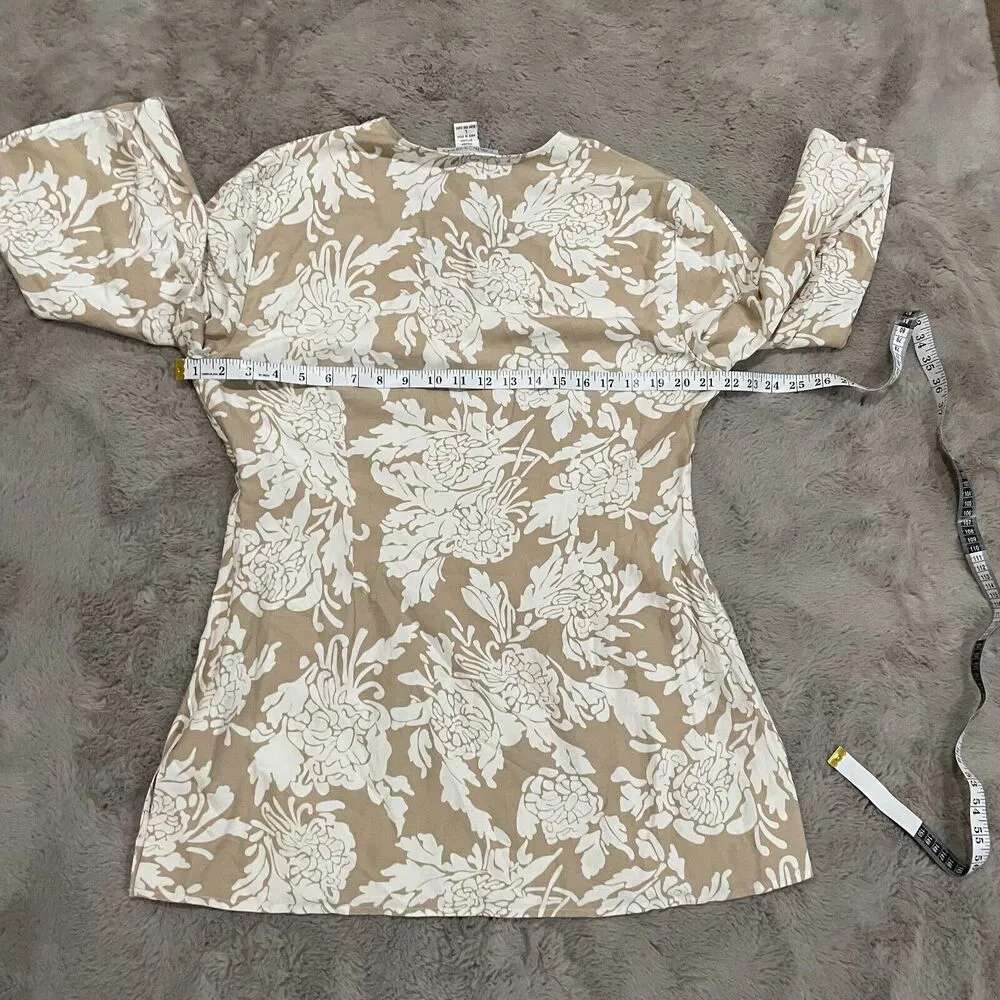 Silk Assets Women Floral Mini Dress L Beige White Bell Sleeve 70% Silk 30% Linen Size L - Image 9