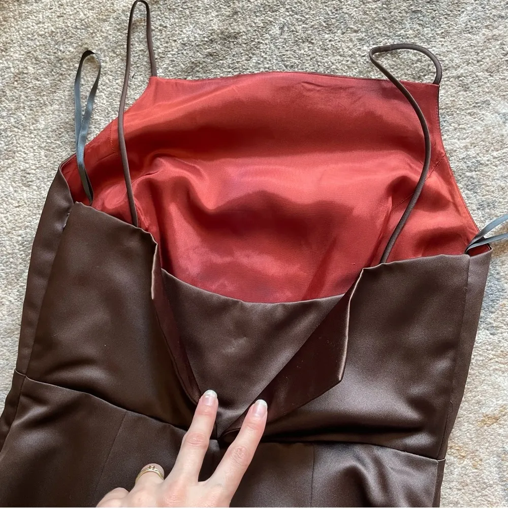 Vera Wang Espresso Brown Boat Neck Sleeveless Satin Maci Bridesmaid Formal Gown - Image 10