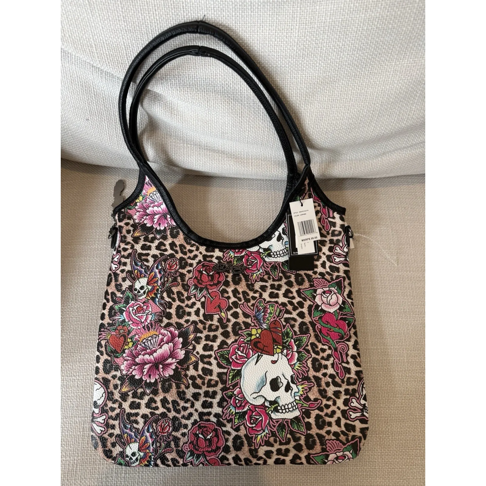 Ed Hardy Women's Large Black Pink Roses Pink Leopard Tote Shoulder Bag - Image 2