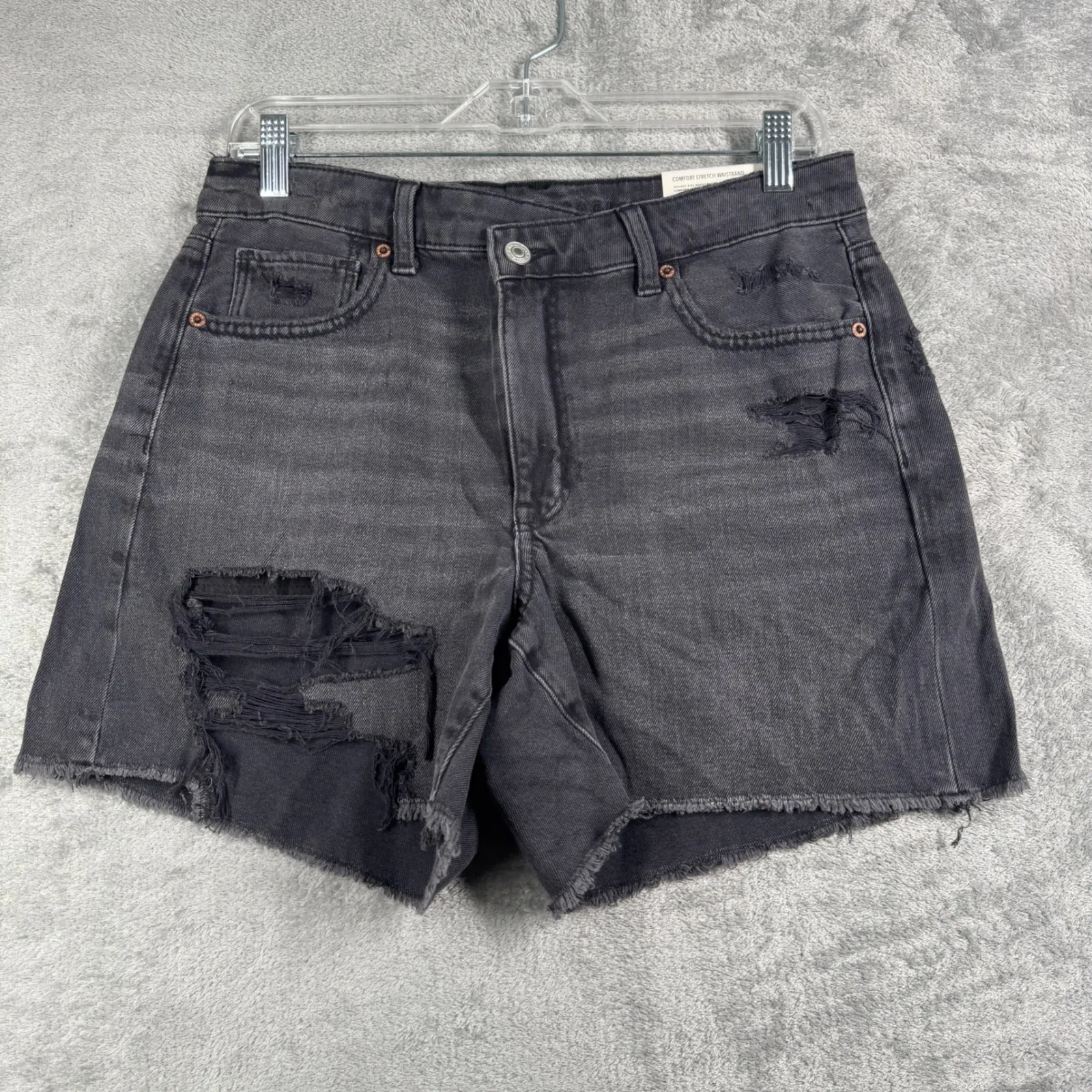 American Eagle Baggy Short 8 29" Black Destroyed Denim Cutoff Thrashed High Rise - Image 2