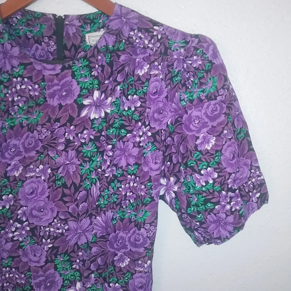 E.D. Michaels 6 S Vintage Sweet 80s Purple Floral Fit Flare Dress Green - Image 3