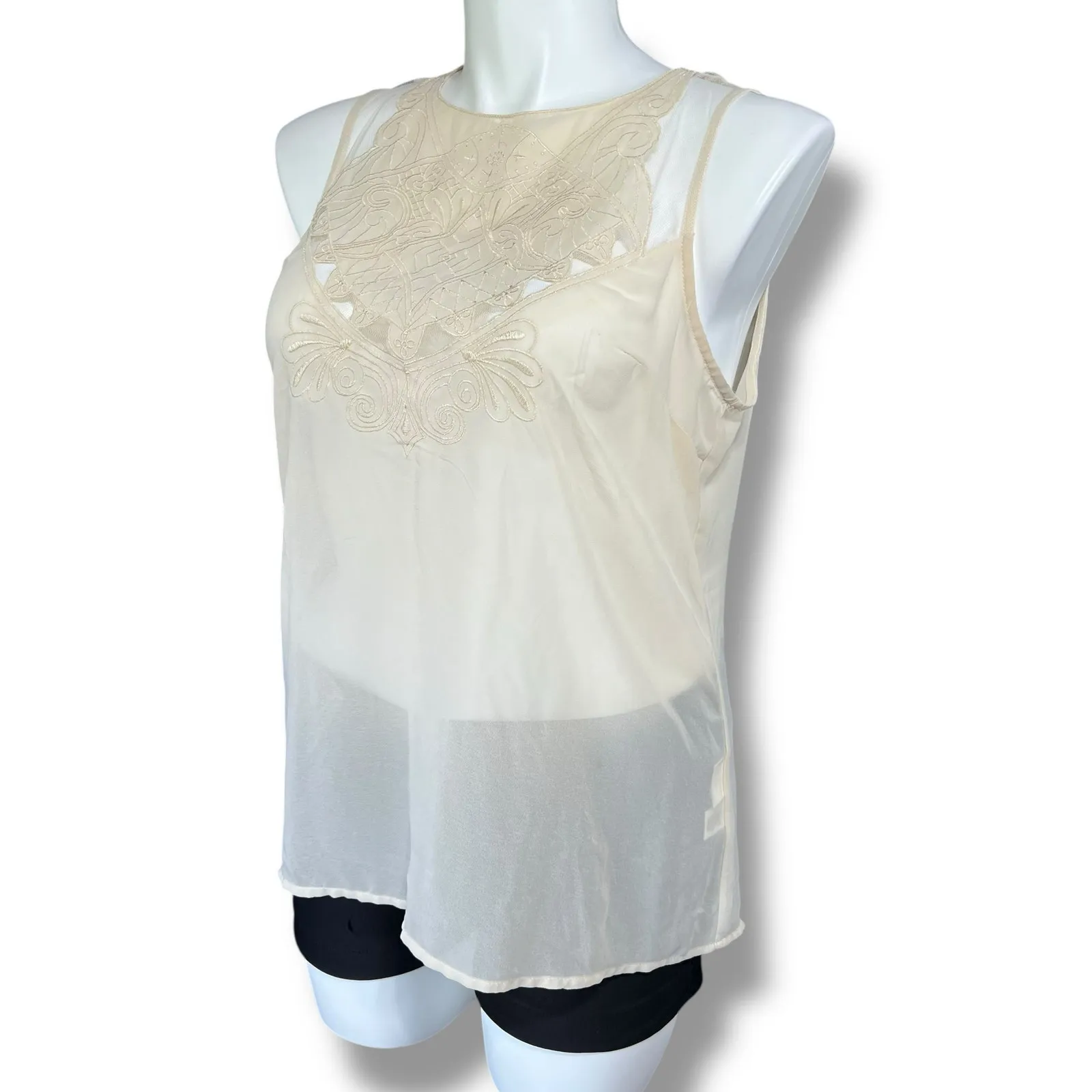 Kenar Womens Sheer Blouse Tank Top Embroidered Floral Design Button Down Beige - Image 6