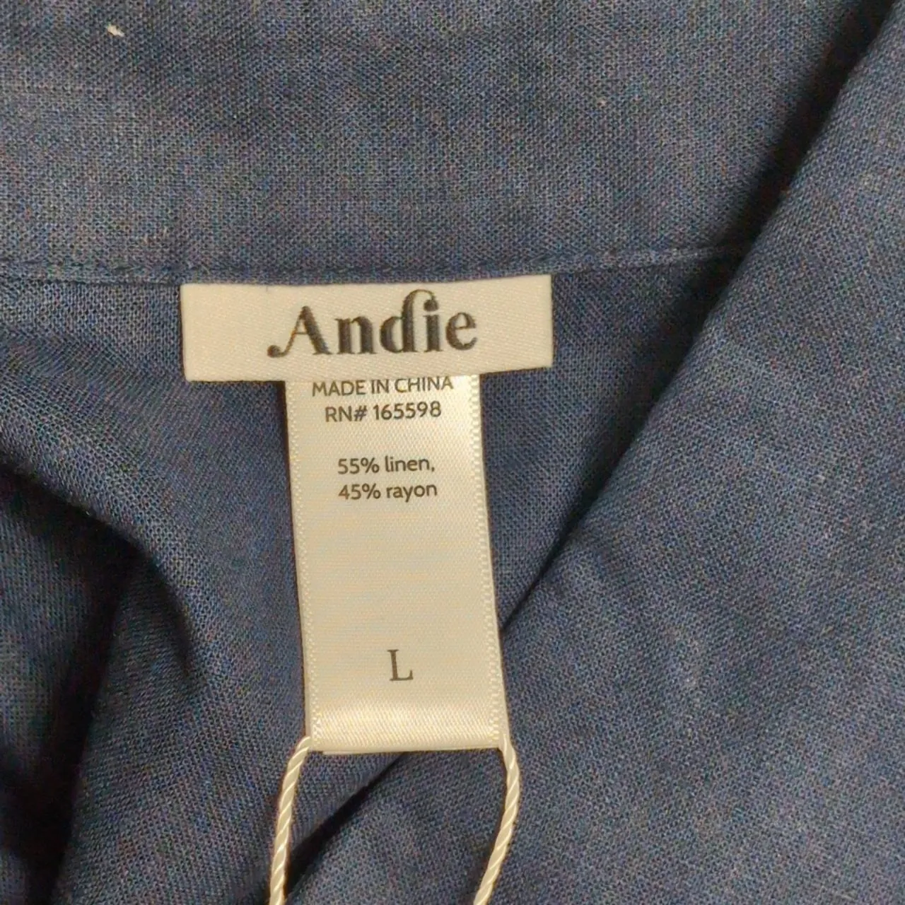 NWT Andie Button Up Linen Blend Navy Blue Tie Waist Long Sleeve Collared Shirt L - Image 6