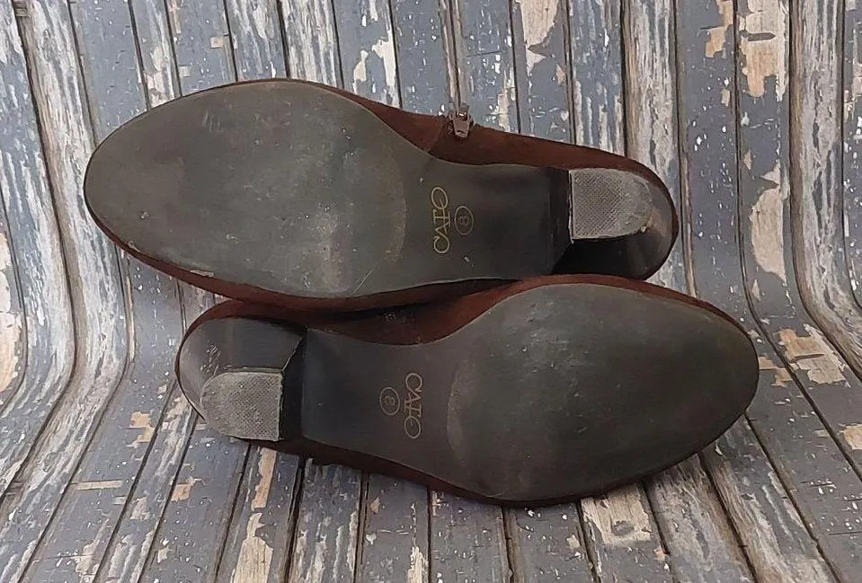 Cato Size 8 Side Zip Ankle Boots Block Heel Booties Brown Faux Suede Fringe - Image 7