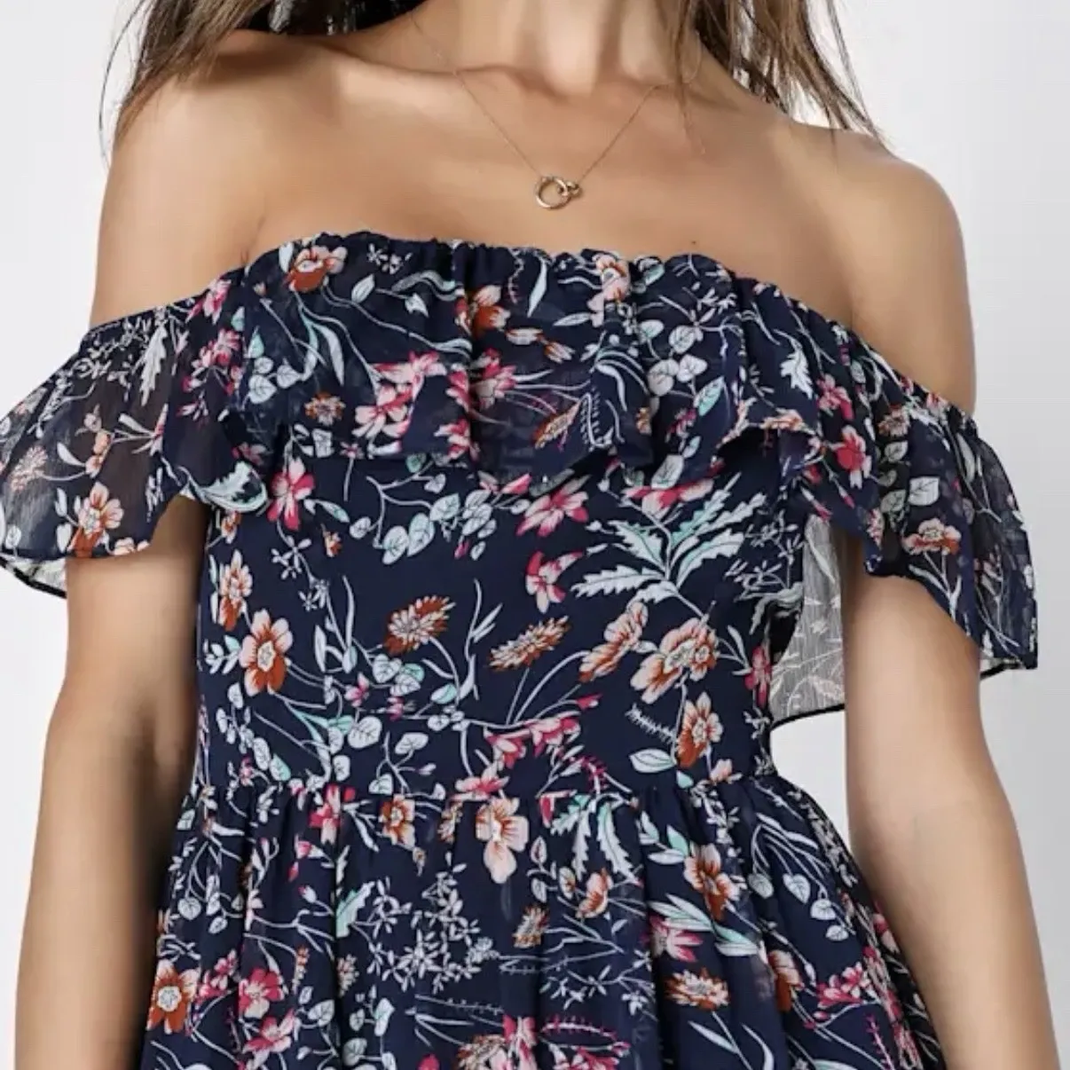 NWT Lulus My Favorite Navy Blue Floral Print Off the Shoulder Dress Size MEDIUM - Image 3