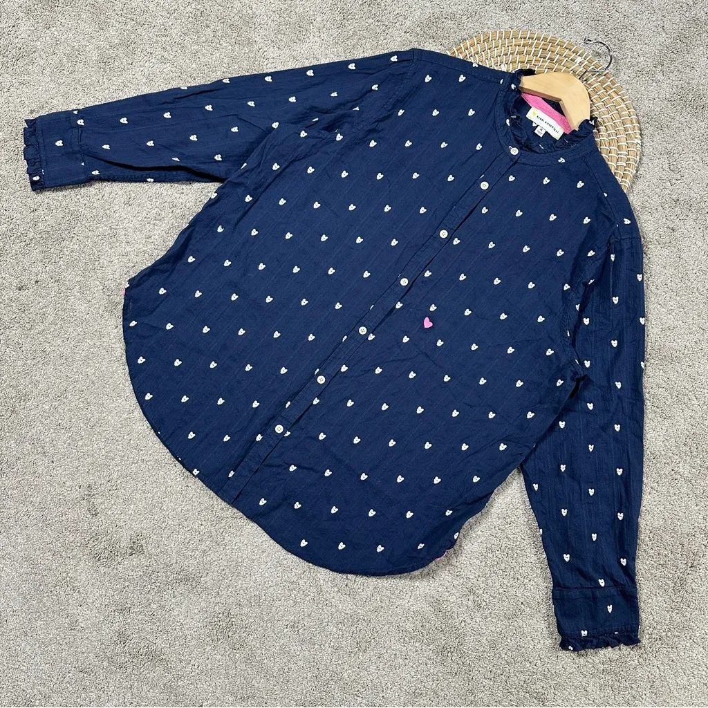 Kerri Rosenthal Women’s Mia Ruffle Button Down Shirt Tiny Heart Print in Navy XL Blue - Image 2