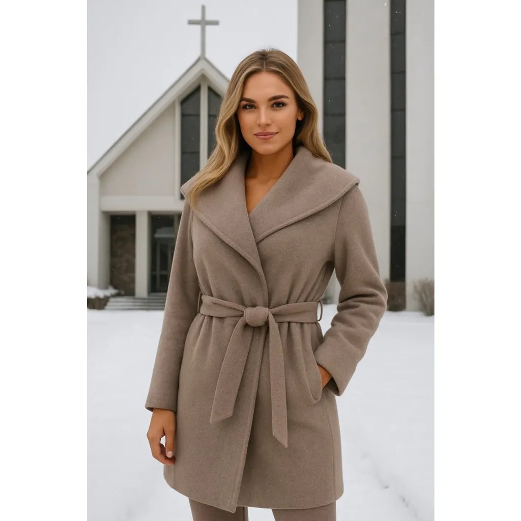 Merona Wool Wrap Coat Belt Gray Wide Collar S Parisian Scandi Preppy Old Money - Image 2