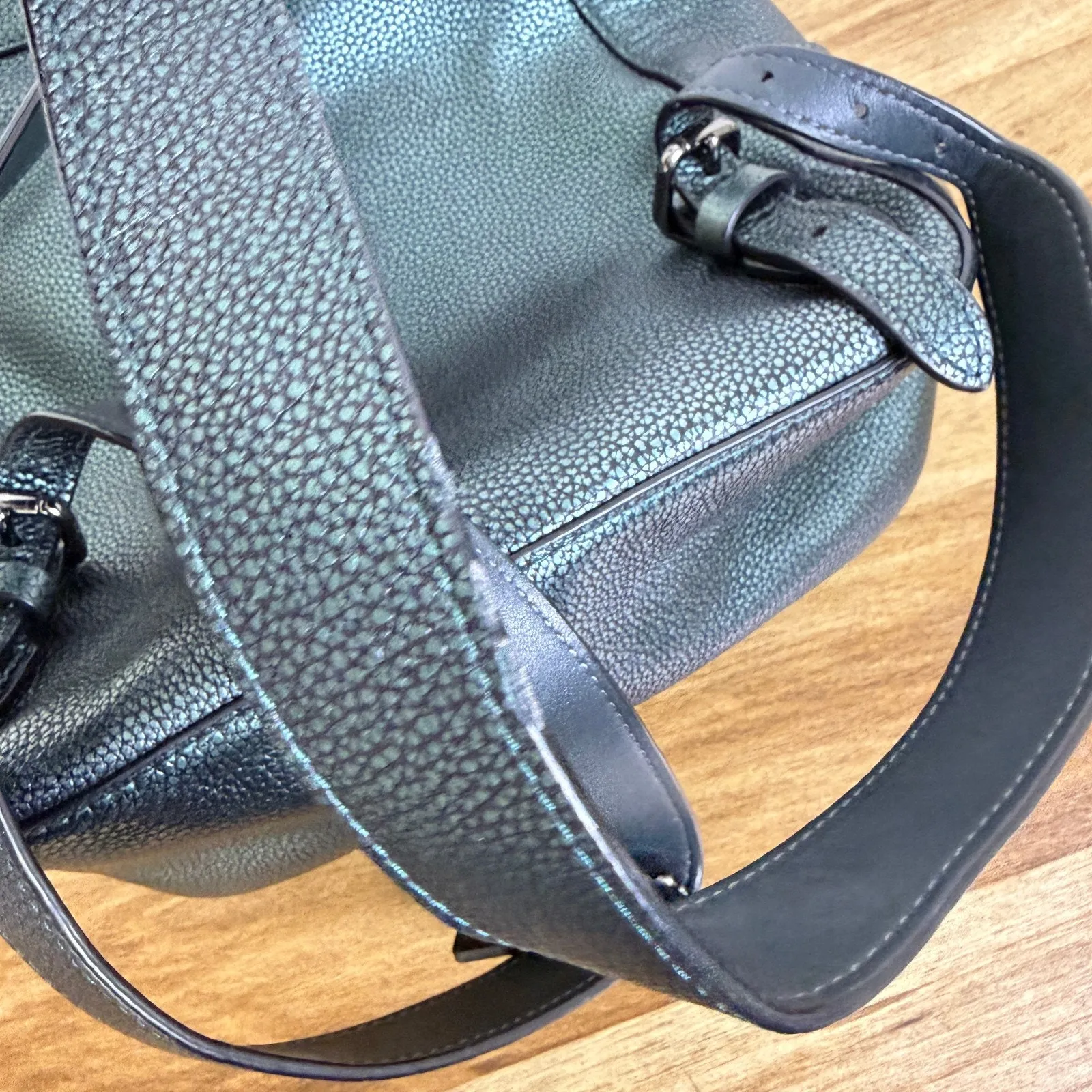 Coach Petite Campus Backpack 23 Green Metallic Polished Pebbled Leather Charm - Image 16