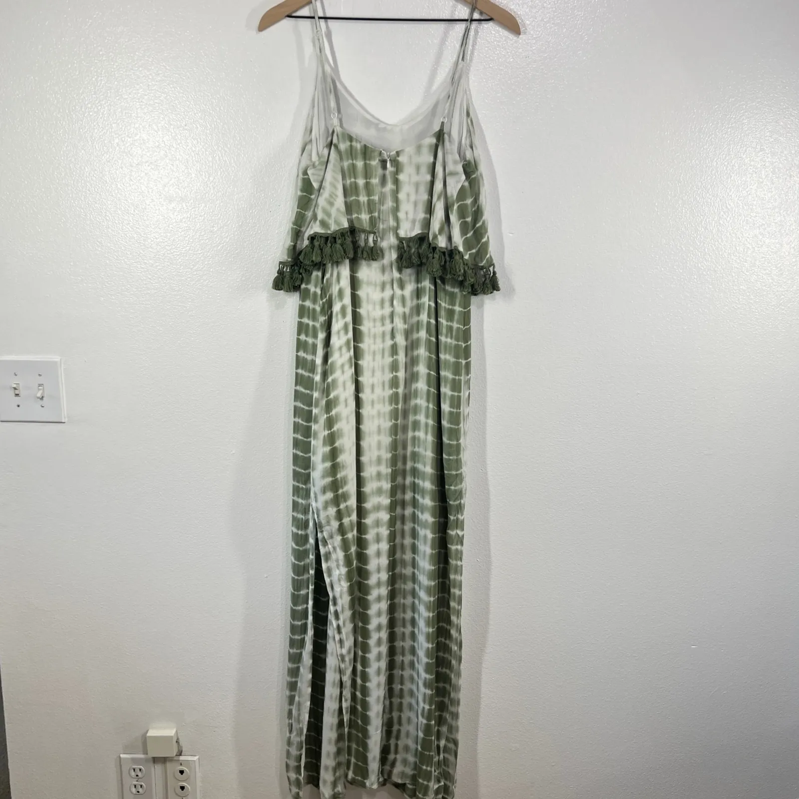 Strut & Bolt Green Tie Dye Fringe Trim Maxi Dress Boho Beach‎ Spaghetti Strap S - Image 3