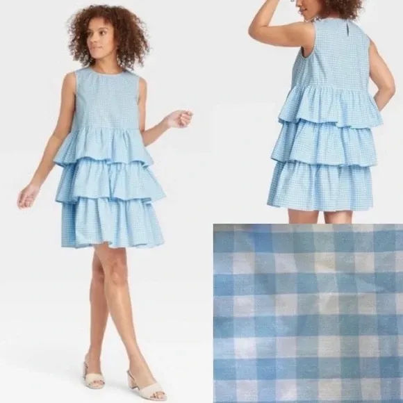 Who What Wear blue white gingham tiered dress size XS - Image 2