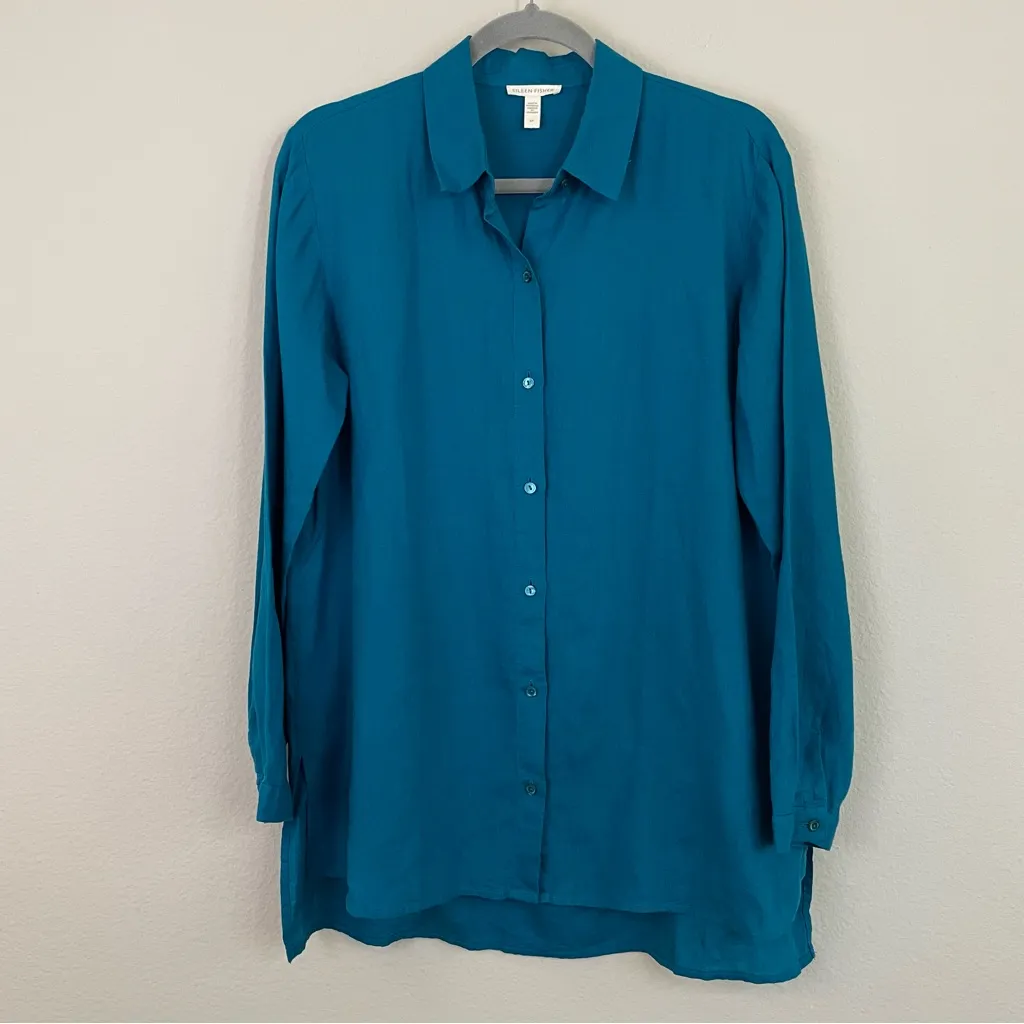 Eileen Fisher Linen Classic Collar Button Down Tunic Shirt‎ Size Small Lagenlook - Image 2