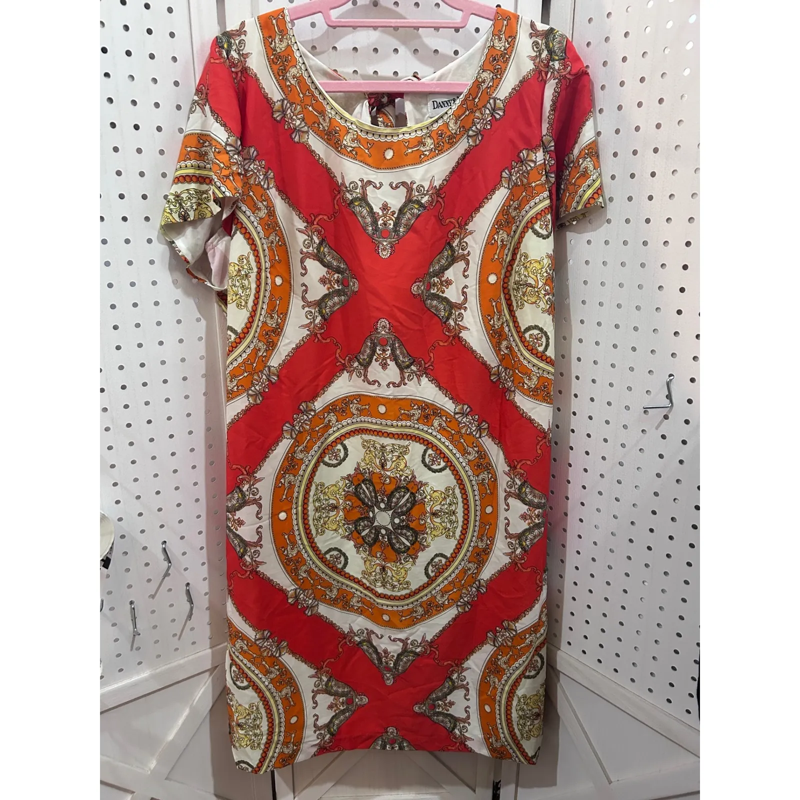 Danny & Nicole 18W Red Orange Baroque Print Short Sleeve Tie Back Dress Plus - Image 2