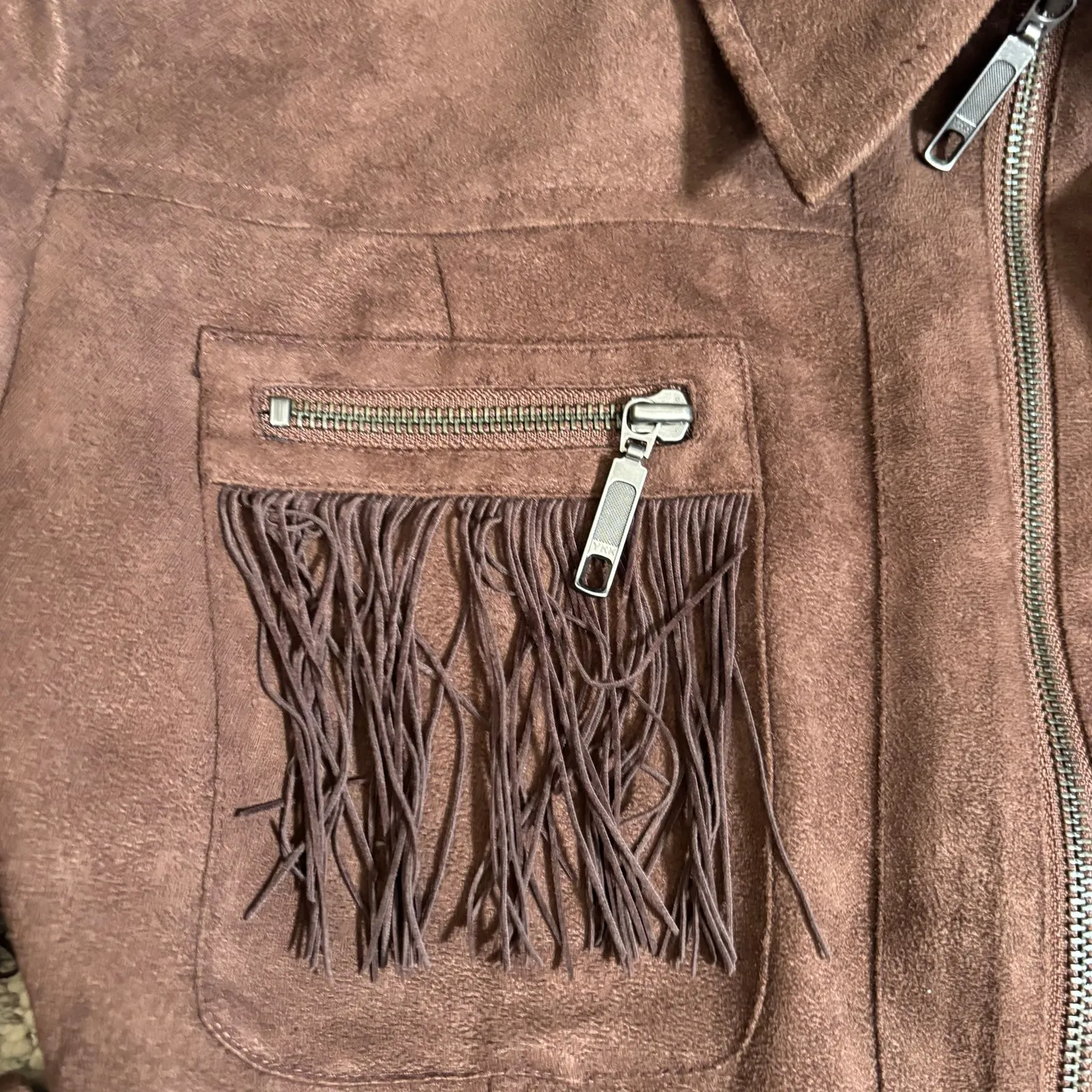 Vintage Y2K Panhandle Slim Brown Faux Suede Leather Fringe Western Jacket Small - Image 9