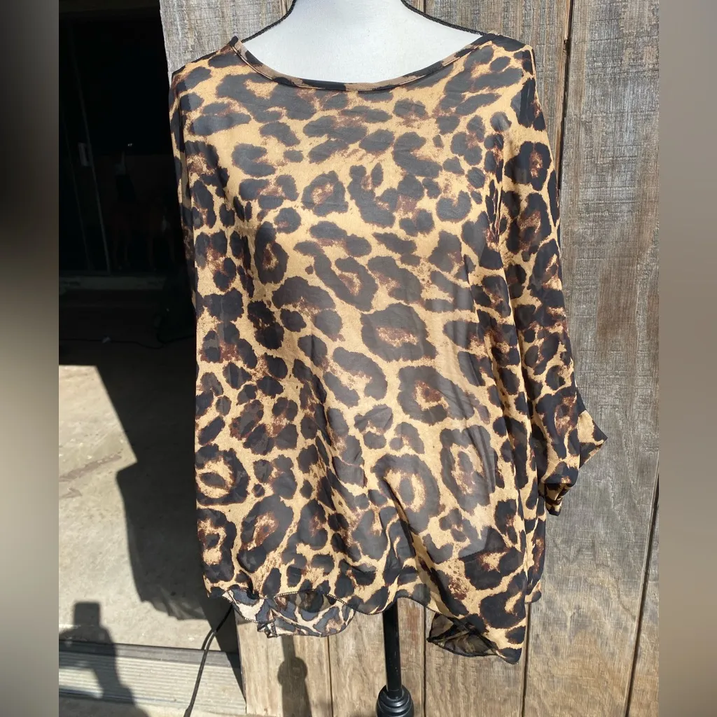 Brown Animal Print Leopard Flowy Sheer Round Neck Pancho Coverup OSFM Size undefined - Image 2