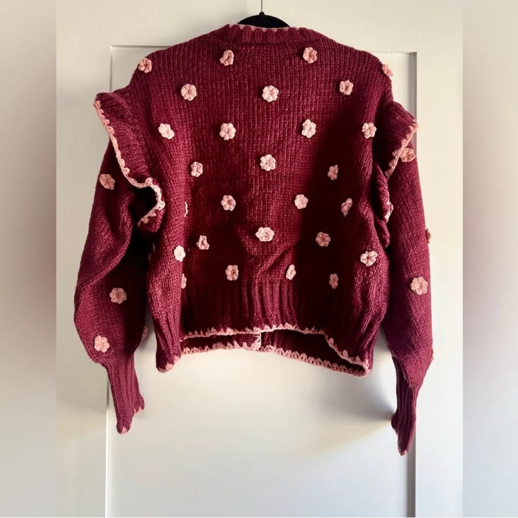 Farm Rio NWT Burgundy Crochet Womens Floral Knit Cardigan Size Small Boho Chic - Image 5