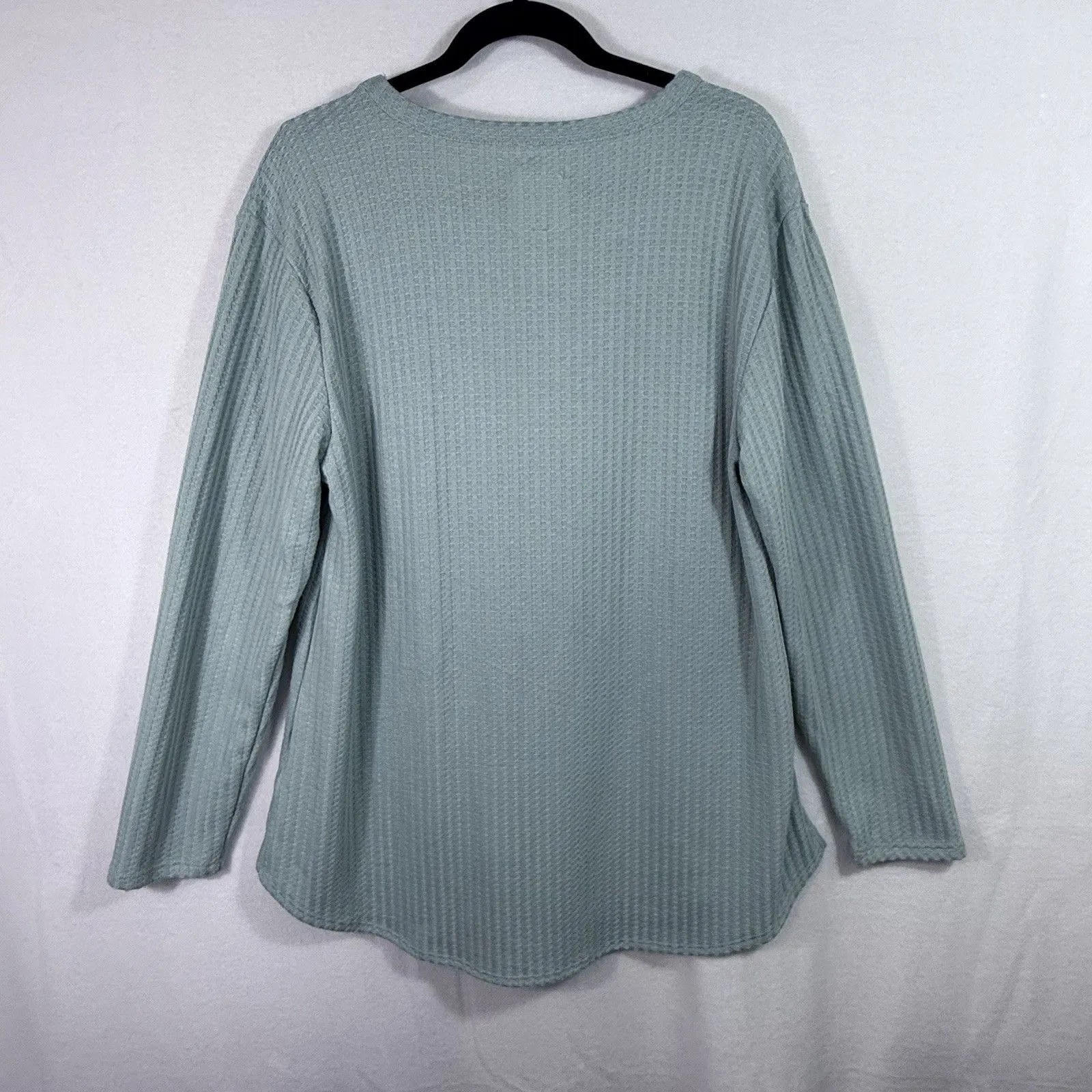 Chaser Green Waffle Knit V-Neck Long Sleeve Top Shirt Womens XL Thermal Long Hem - Image 2