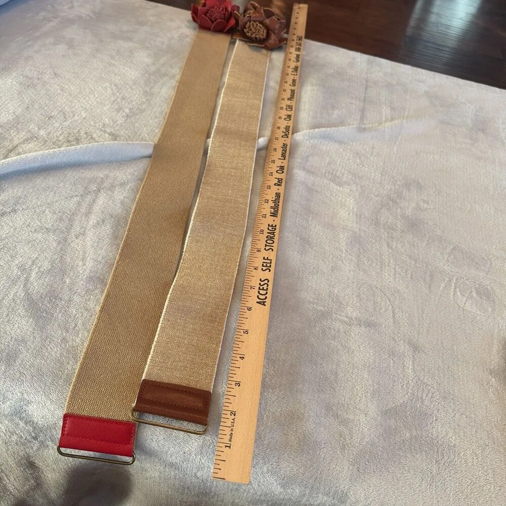 2 Tarnish Nordstrom Stretch Belt Brown Red Leather Rose Brass Buckle Womens S/M - Image 4