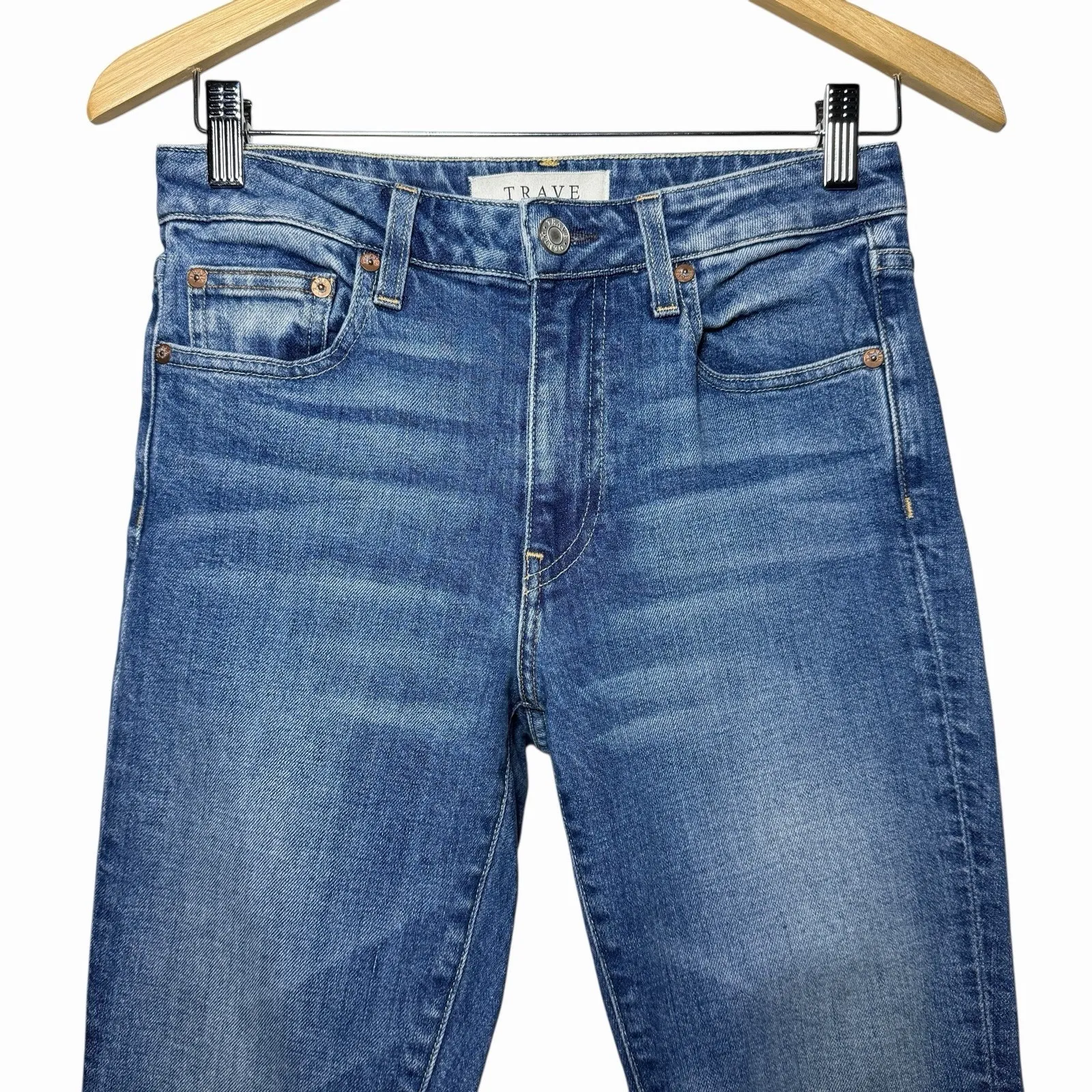 TRAVE Colette Womens 26 High Rise Kick Flare Jeans Raw Hem Crop In Sweet Emotion Blue - Image 7