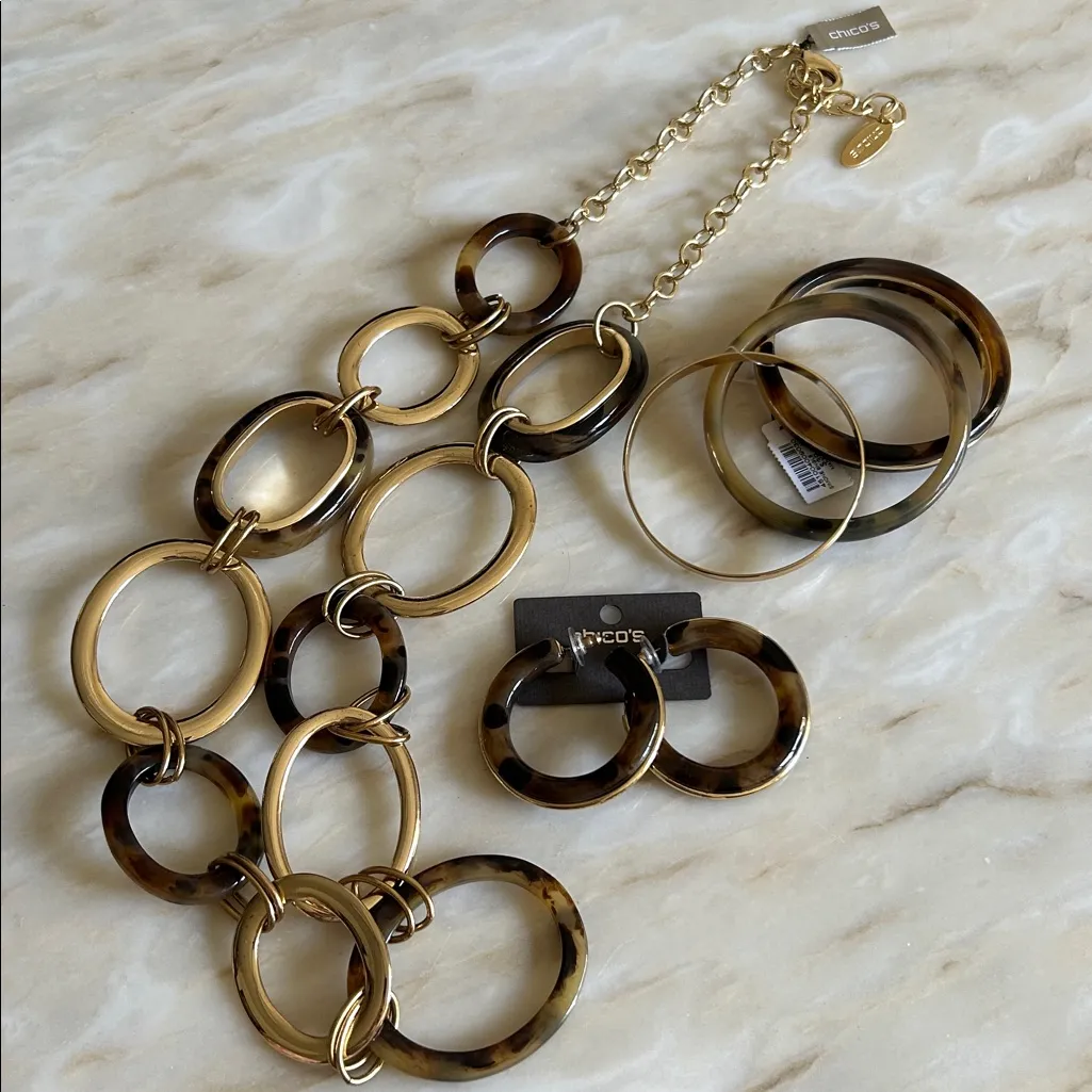 Chicos Women’s Tortoise & Gold Tone Statement Necklace Bracelets & Earring‎ Set - Image 3