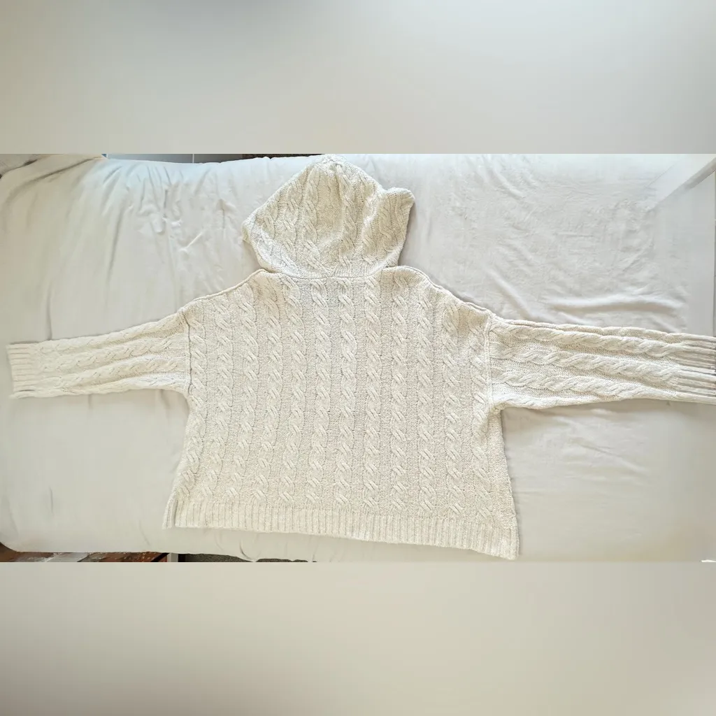 Vintage American Eagle Cable Knit Sweater Hoodie - Cream/Ivory - XL - Image 3