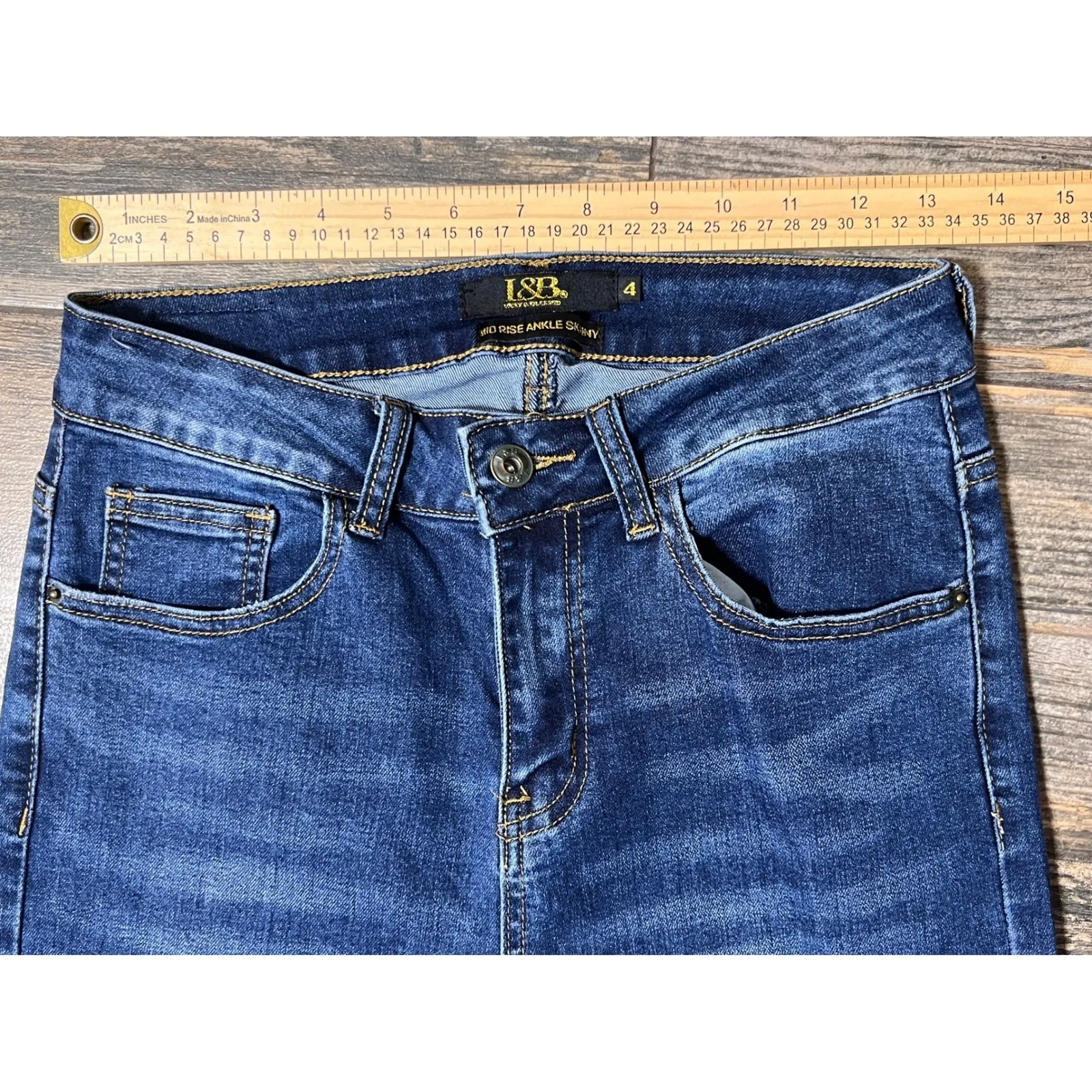 L&B Mid Rise Ankle Skinny Jeans Distressed Frayed Hem Size 4 Boho Festival Chic Blue - Image 5