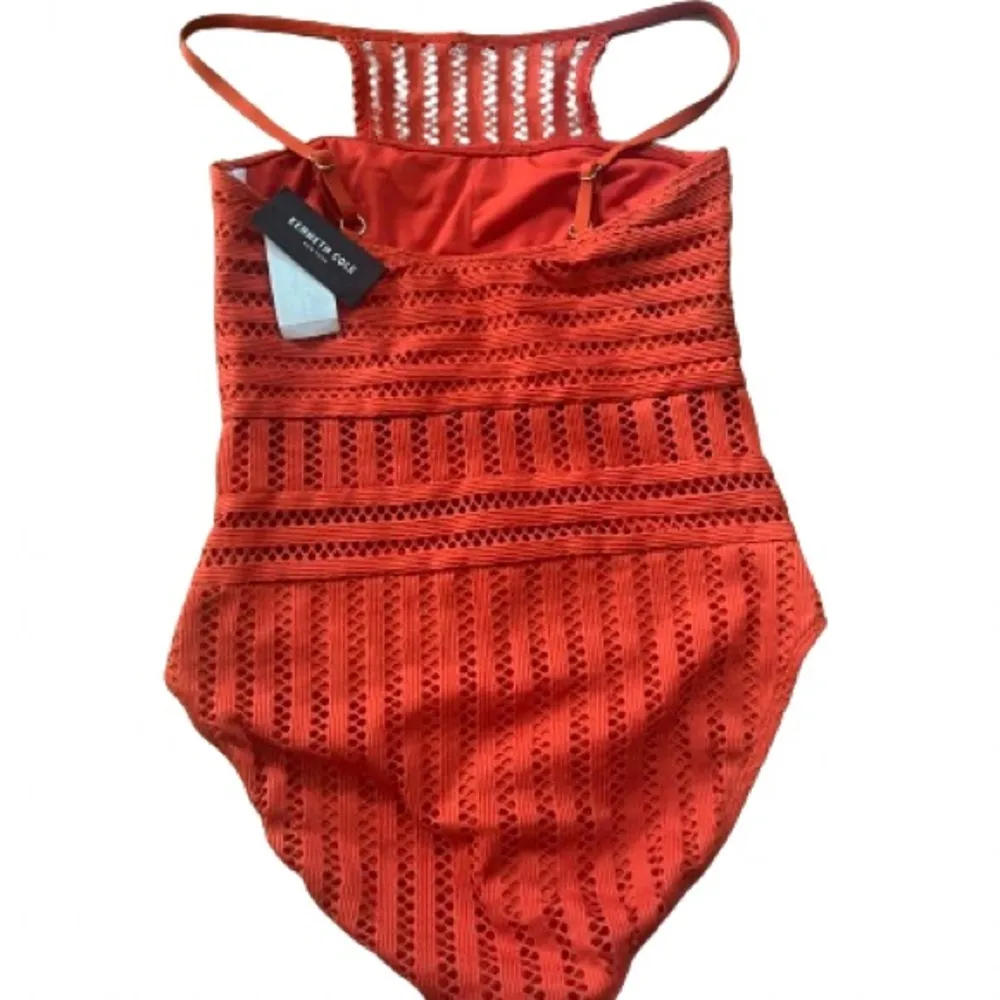 Kenneth Cole Orange Halter Mesh One Piece Swim Suit Womens Size Large NWT - Image 4