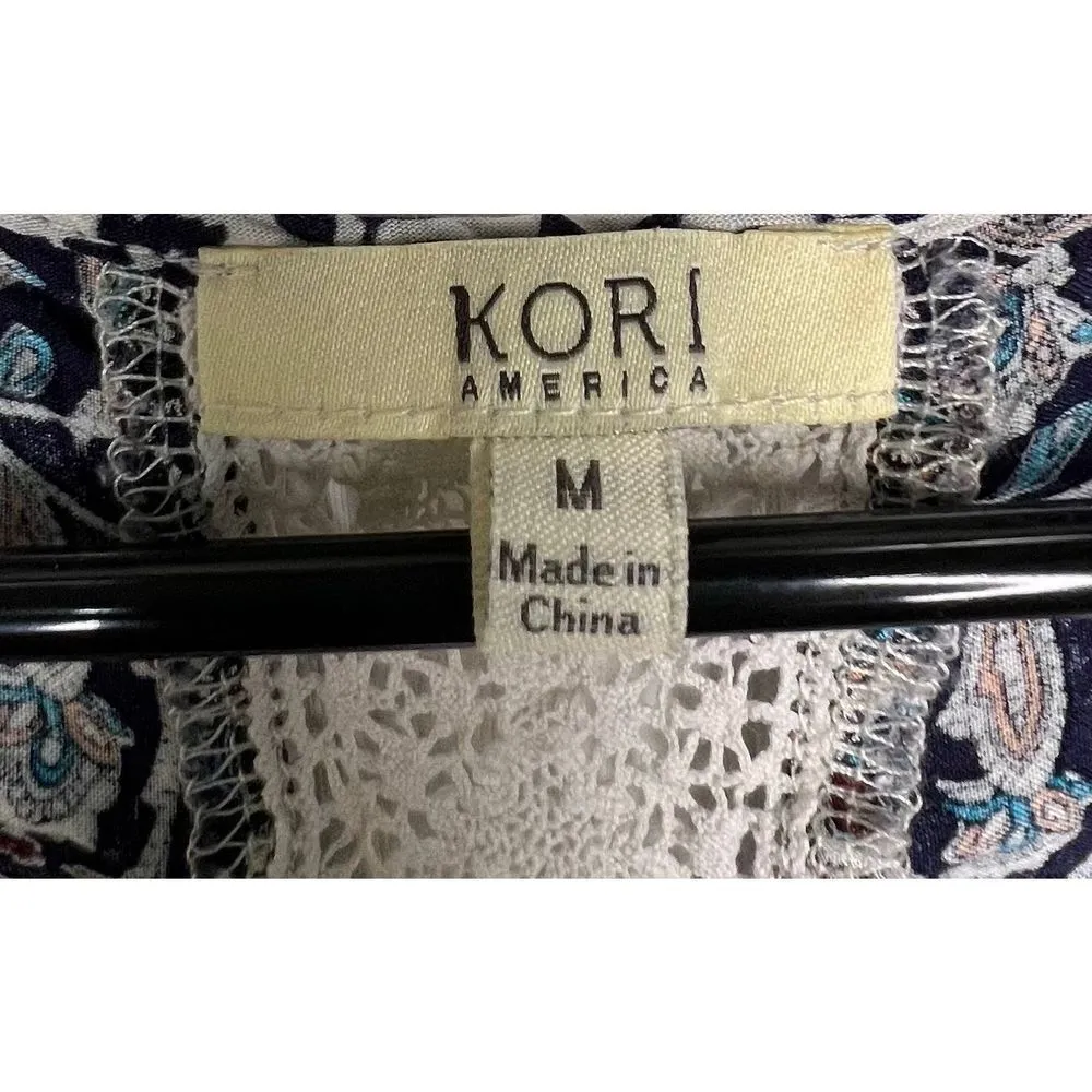 Kori America Paisley Patterned Short Sleeve Kimono With Fringe Hemming Blue Size M - Image 3