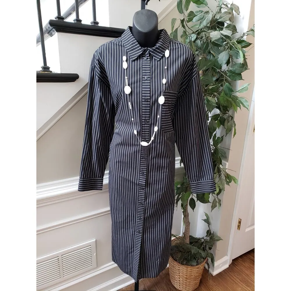 A New Day Dress Women L Black White Striped Shirt Long Sleeve Cotton Midi - Image 2