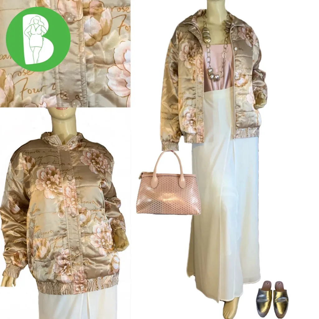 VINTAGE OLEG CASSINI FLORAL PRINT CREAM A PINK BLUSH SATIN BOMBER JACKET (M) - Image 2