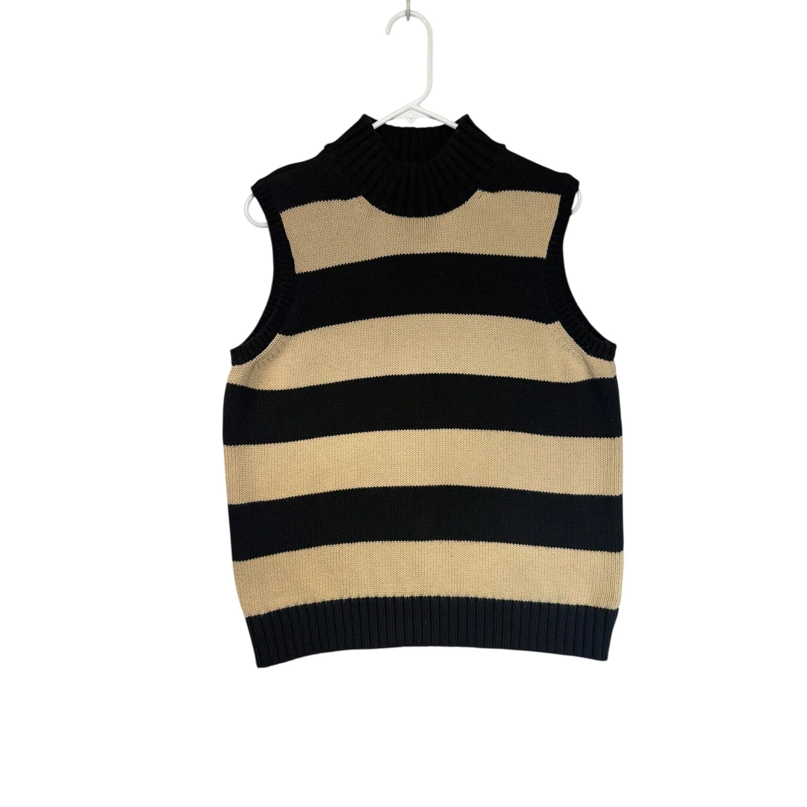 Black Tan Stripe Mock Neck Sleeveless Knit Sweater Vest Preppy Smart Women Large - Image 2