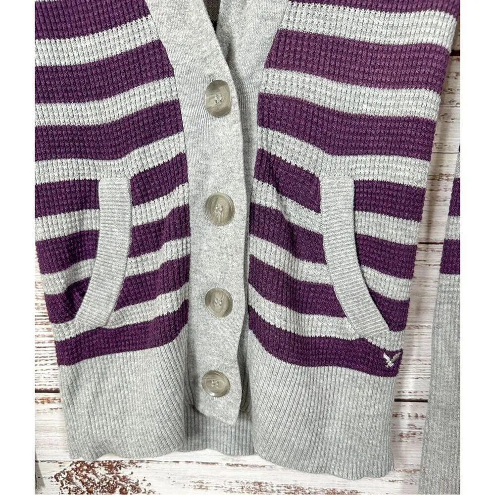 American Eagle Outfitters Women's Striped Cardigan Sweater Gray Purple Small - Image 3