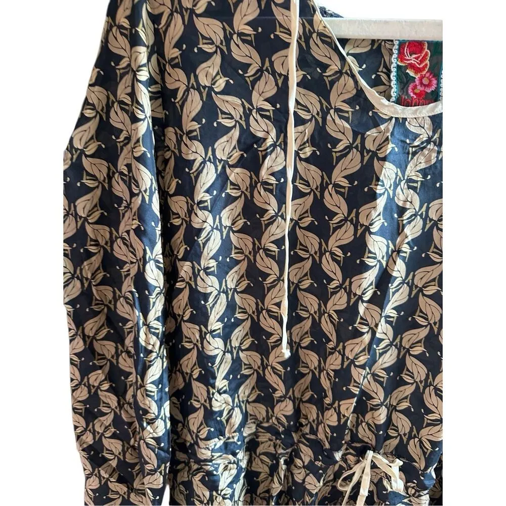 Johnny Was Womens Black Cream Dress Silk Tunic Cover Up Floral Cinch Waist Hoode - Image 9