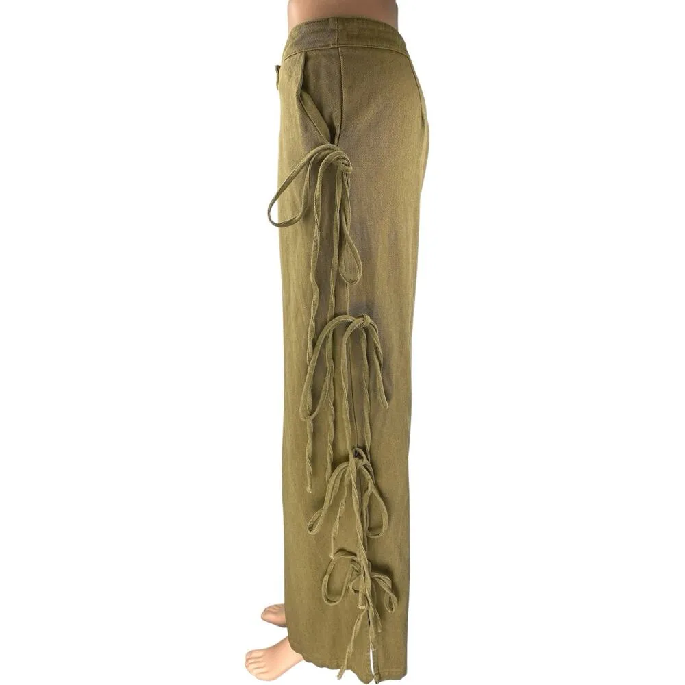 PLT Label Women's Green Mid Rise Side Tie Wide Leg Baggy Trousers Pants Size 4 - Image 2
