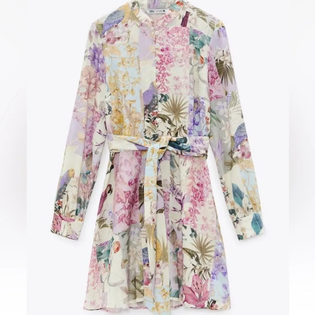 ZARA Pastel Floral Parrot Print Shirt Dress Co-Ord Linen Blazer Outfit Sz Small - Image 3