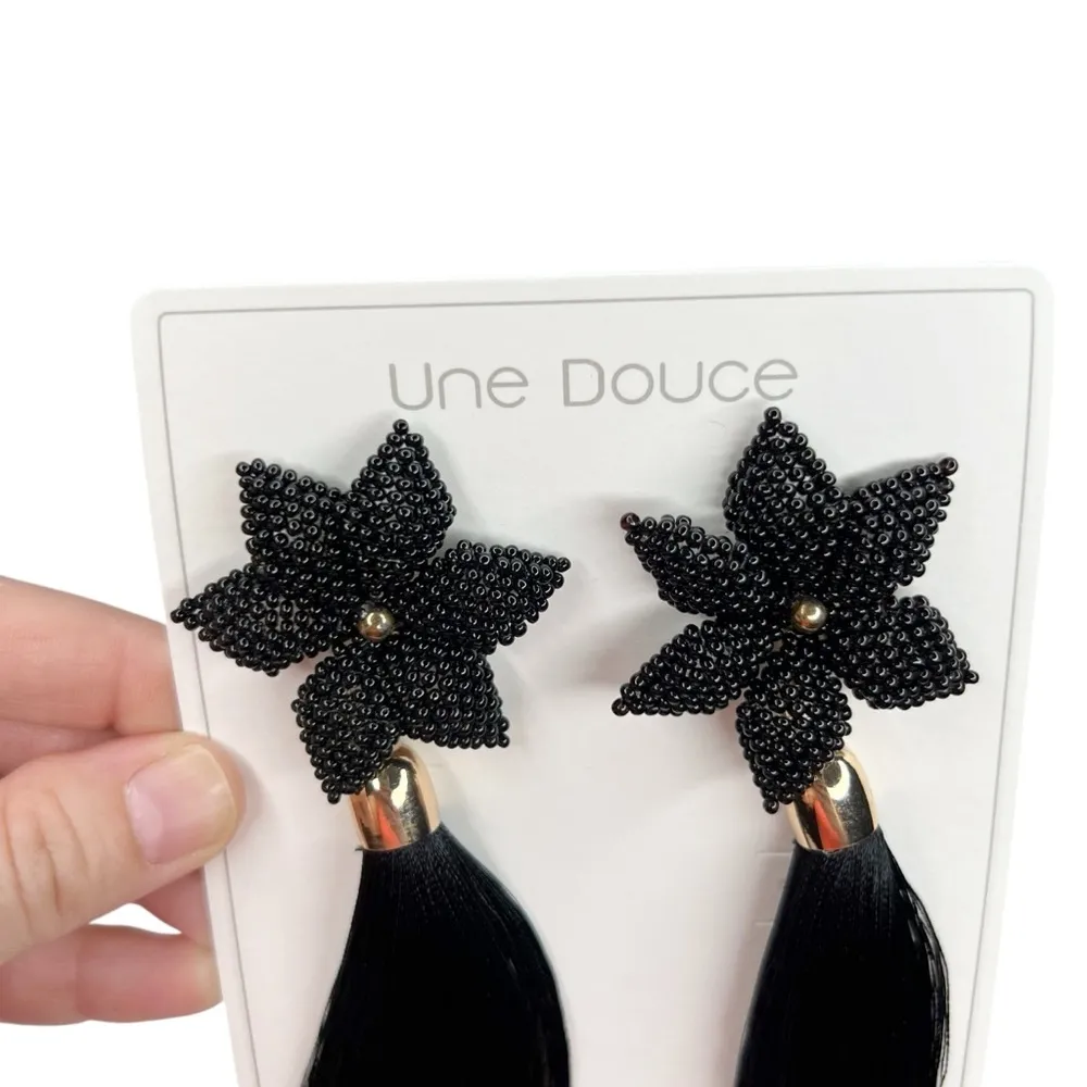 New Black Flower Seed Beaded Tassel Dangle Statement Earrings - Image 3