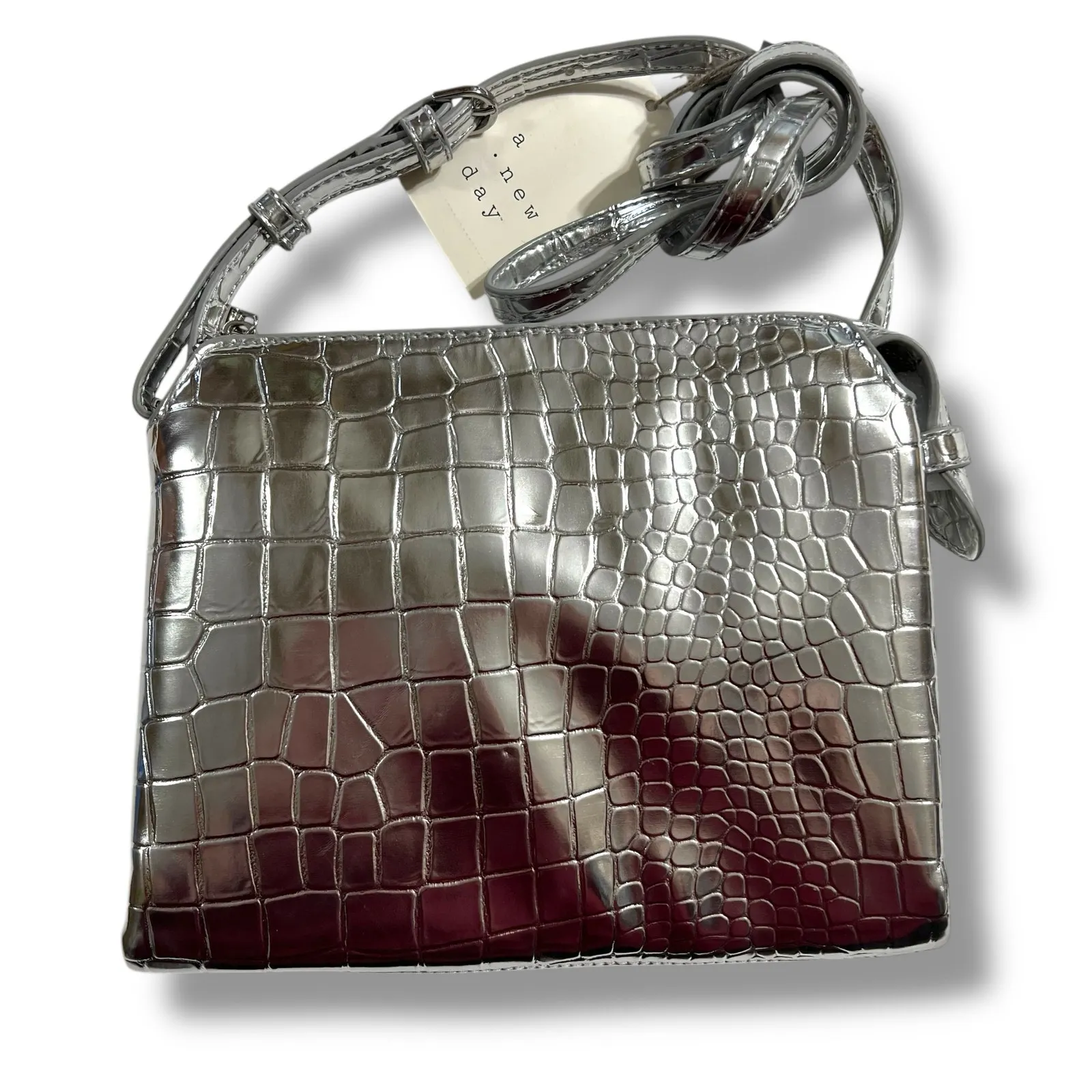 A New Day Womens Crossbody Purse Handbag Silver Faux Leather - Image 3