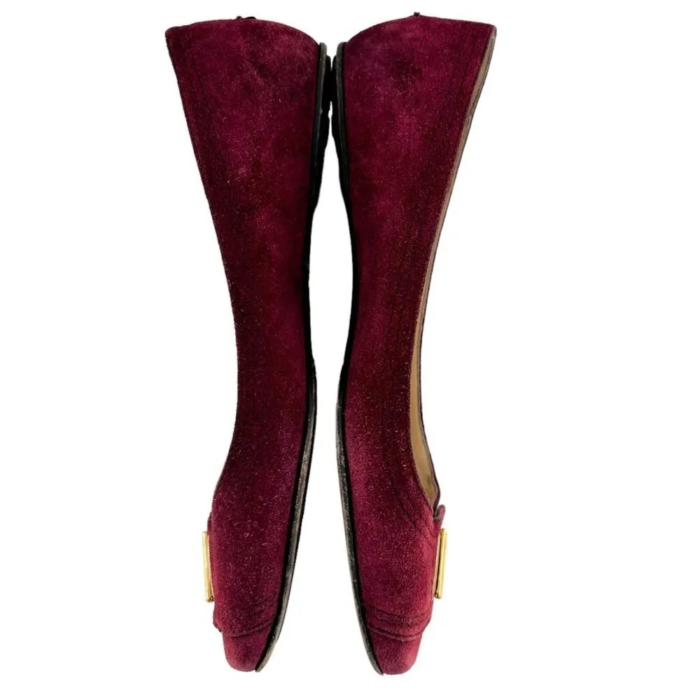JIMMY CHOO Maroon Red Suede Square Toe Logo Buckle Flats Size 39.5 / US 9.5 - Image 6
