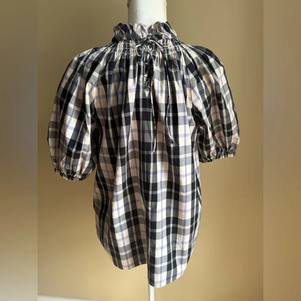 J. Crew FRIDA Black Ivory Blue Plain Smocked Top - Image 8