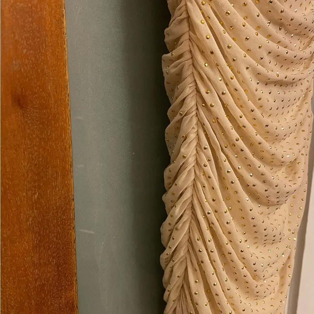 BEBE Gold Studded Beige/Nude/ Creme Rushed Strap/less Evening Party Dress- S - Image 9