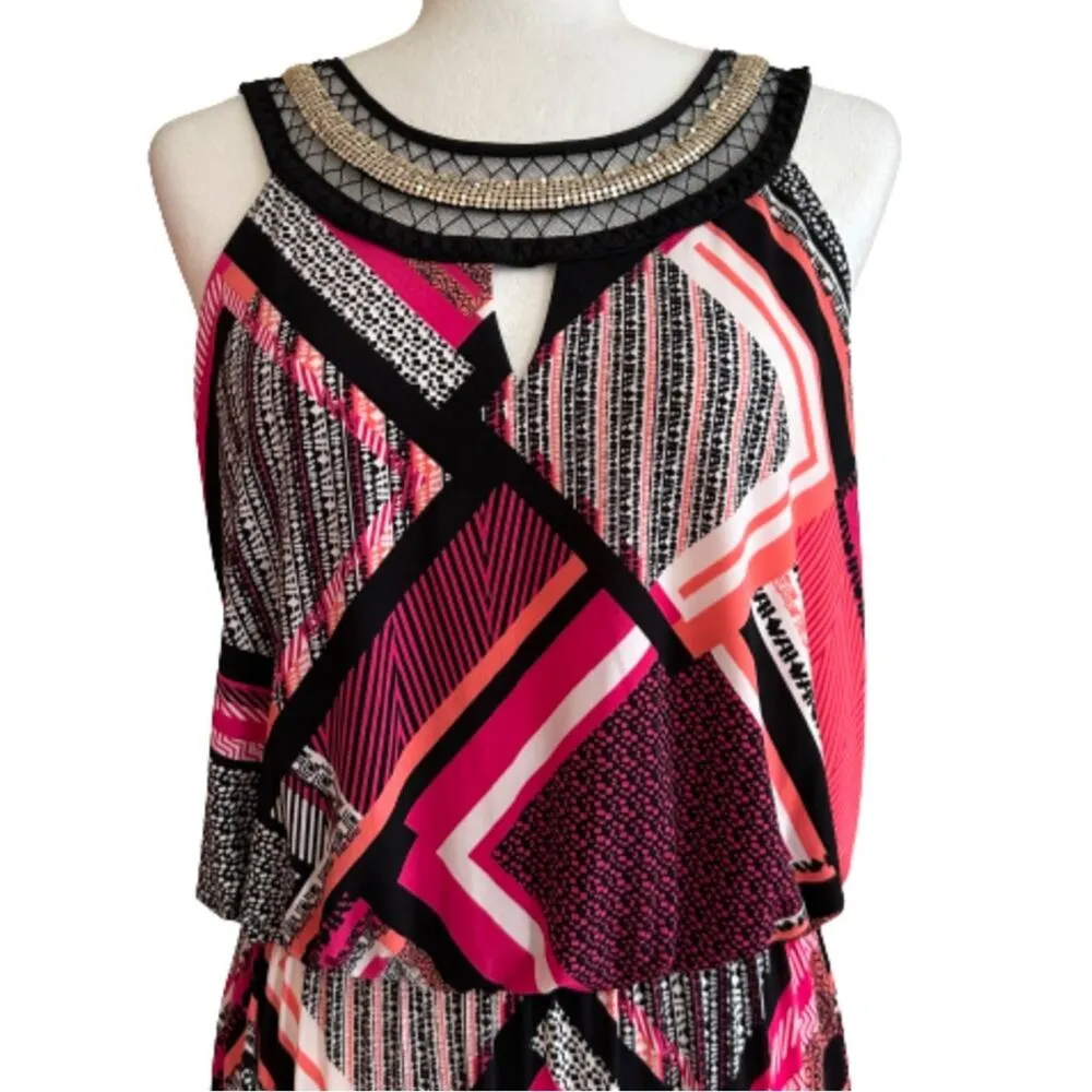 Studio One Maxi Dress Geometric Silver Embellished Neck Sleeveless Small - Image 3