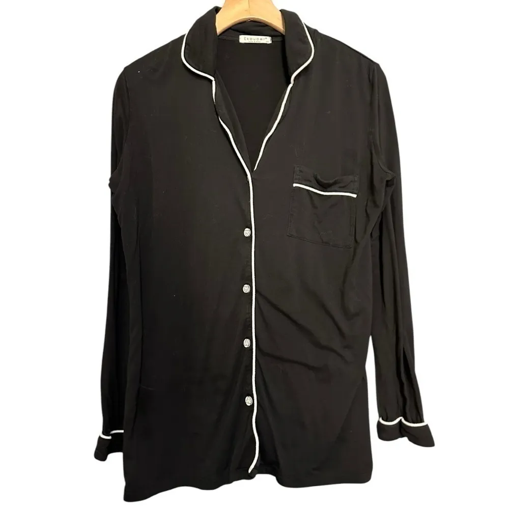 Ekouaer Women’s Size XS Black with White Piping Two Piece PJ Pajama Set - Image 3