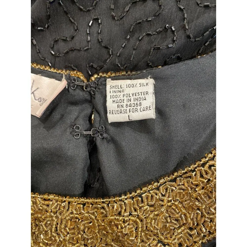 Laurence Kazar Vintage 100% Silk Lurex Fully Beaded Blouse Size Large Black Gold - Image 5