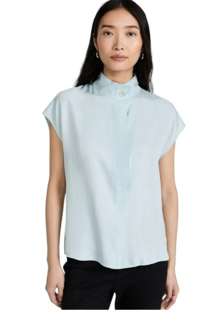Vince Silk Collar Stand Pullover Top Topaz Light Blue Size 1X Mandarin Collar - Image 8
