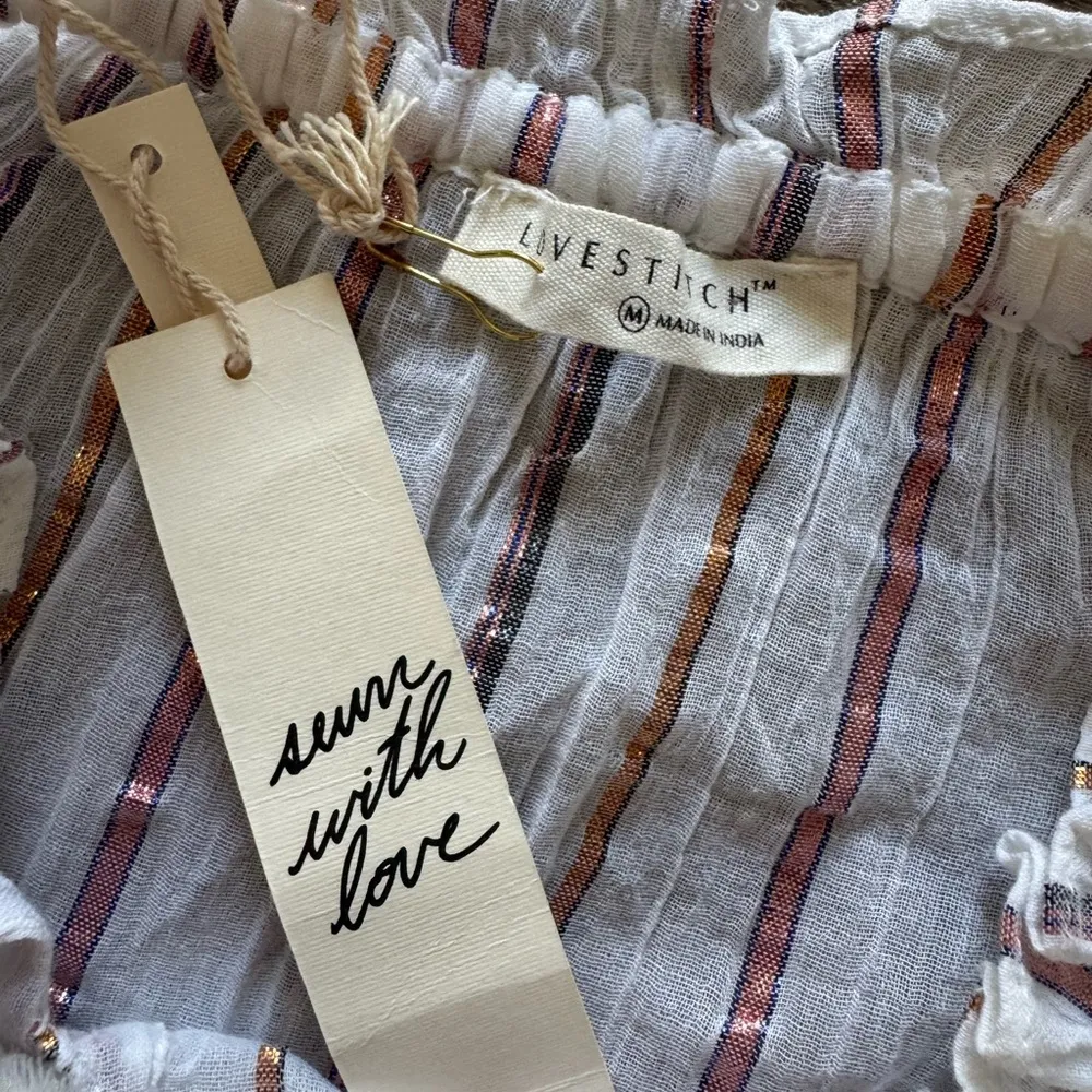 Love Stitch Sparkly Pinstriped Patterned Blouse Top (NWT) White Size M - Image 4