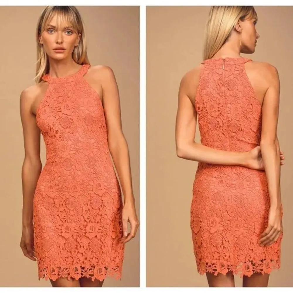 Lulus Love Poem bright coral orange lace mini dress, size S, NWT - Image 10