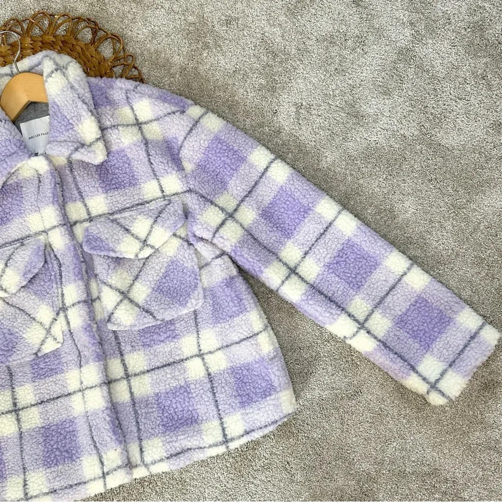 Avec Les Filles Plaid Faux Fur Shearling Teddy Trucker Jacket Lined Chic Purple - Image 7