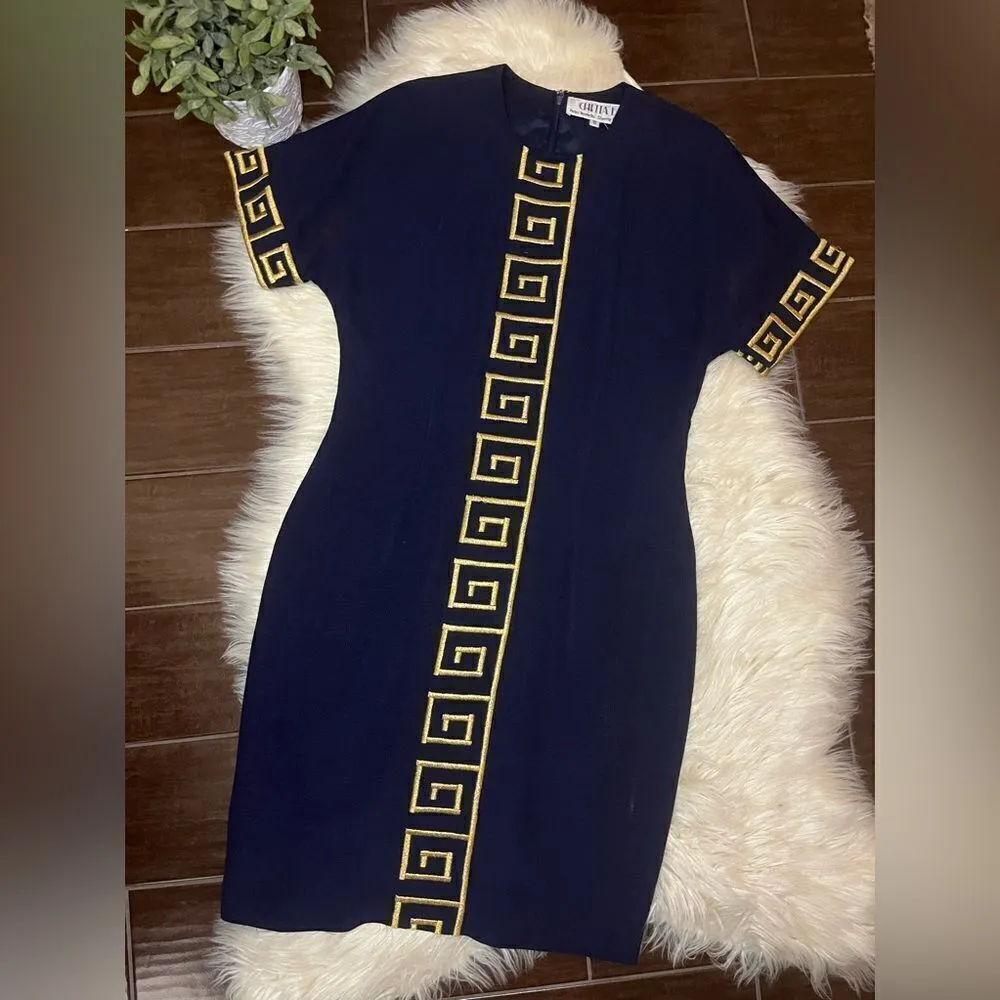 Chetta B Navy Blue with embroidered Gold design short sleeve dress sz 10 - Image 2