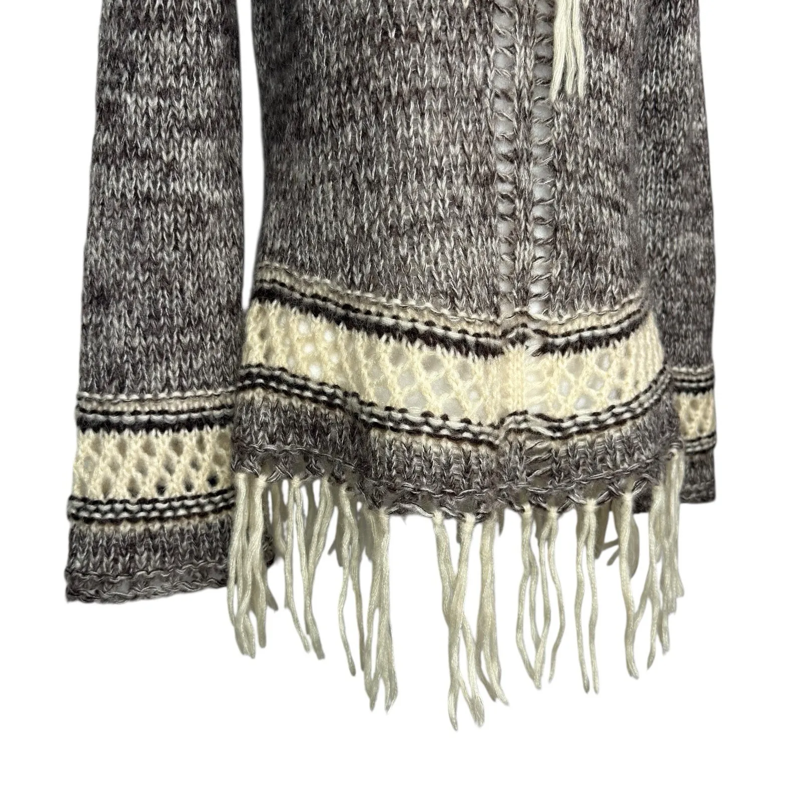 Folk‎ Mohair Blend Fringe Sweater L Boho Lace Up Knit Large Earthy Tribal Boho Tan - Image 2