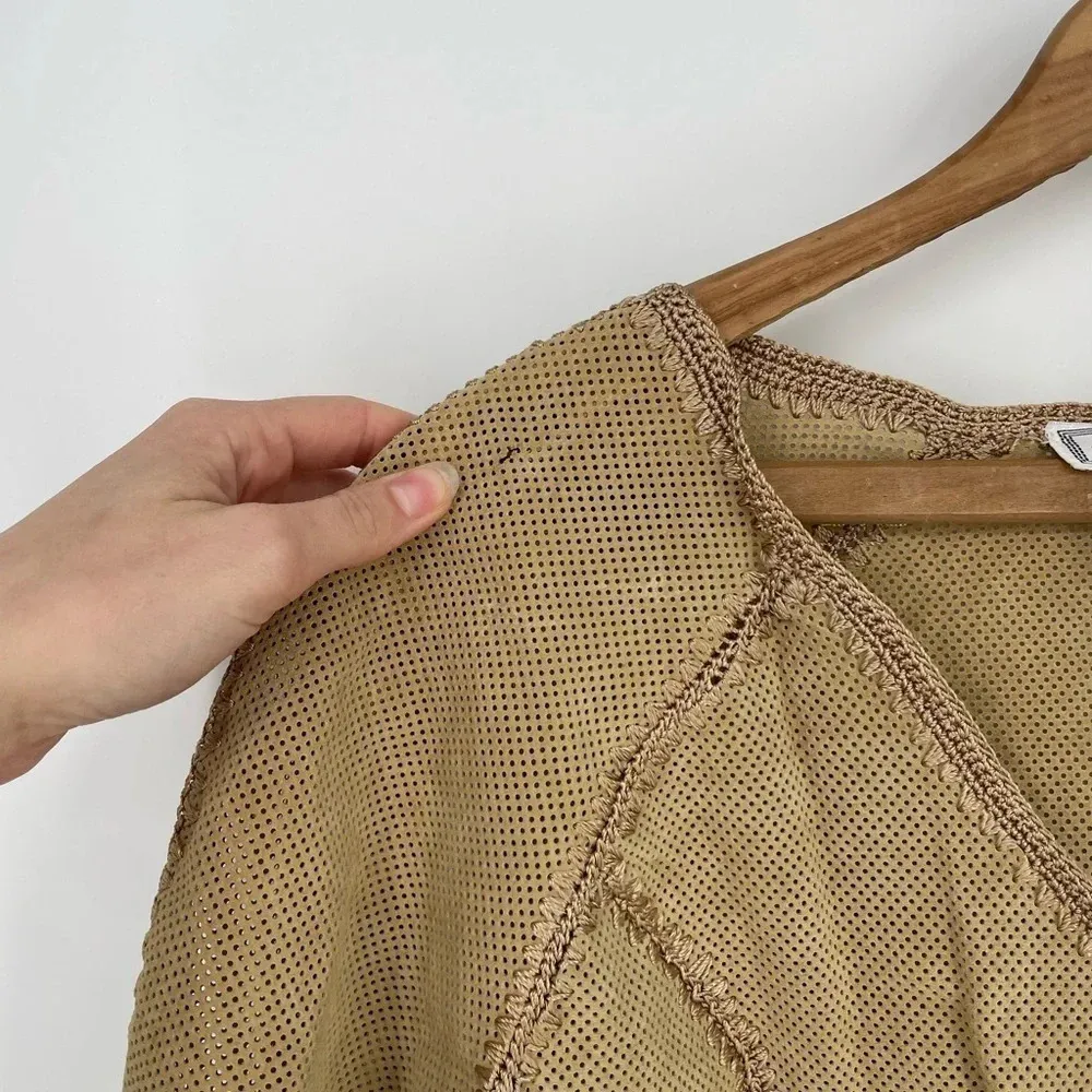 vintage boho western leather rayon button down fitted jacket camel brown Tan Size M - Image 5