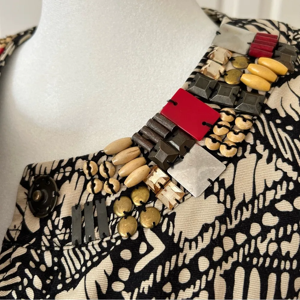 RUBY RD WOMENS SIZE 14 BLACK BEIGE GEOMETRIC 100% COTTON BEADED JACKET BLAZER - Image 5